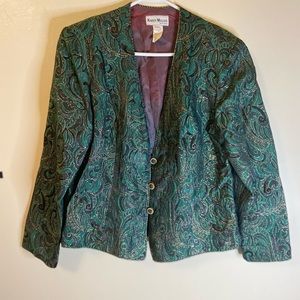 Karen Miller NewYork Women Blazer Sz18 Poly Blend Green Gold Trimming floral
